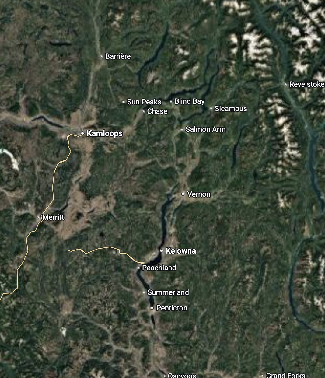 Okanagan service area map showing Kelowna, Vernon, Peachland, Summerland, Penticton, and surrounding communities